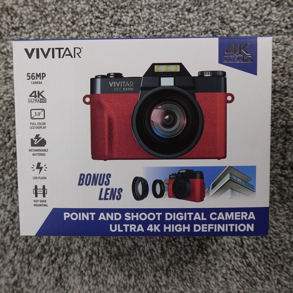 Vivitar VECXX101 4K Point Shoot Digital Camera Red‎ 56MP 8X Zoom 3" LCD Screen